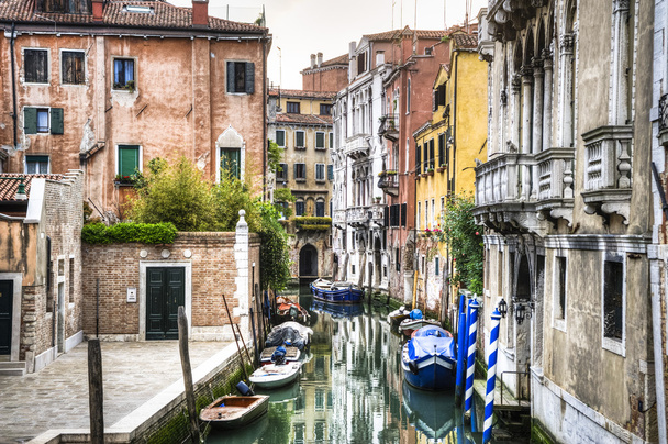 Canal, boats and buildings in Venice, Italy - Fotoğraf, Görsel