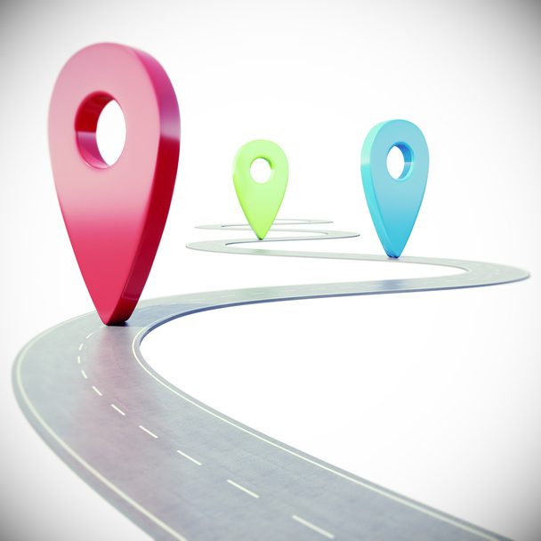 Road path going forward on white background with colorful pin pointer. 3d illustration - Foto, Imagen