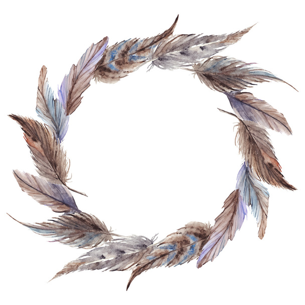 Watercolor brown gray grey feather wreath vector isolated - Вектор,изображение