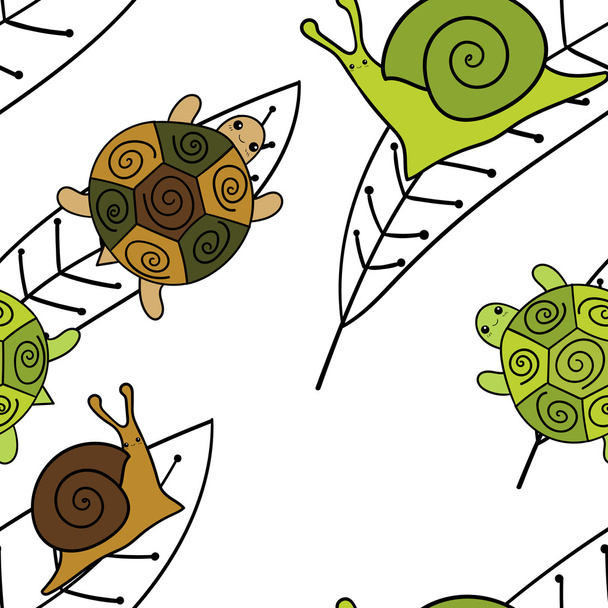 Cute animals seamless pattern. Wallpaper Vector illustration. Snails and turtles. - Vector, Image