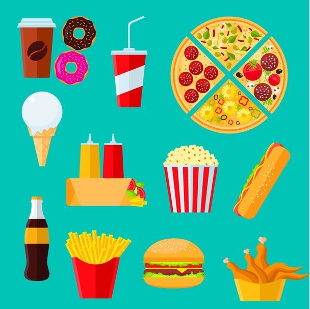 Fast food sandwiches, desserts and drinks icon - Vector, Image