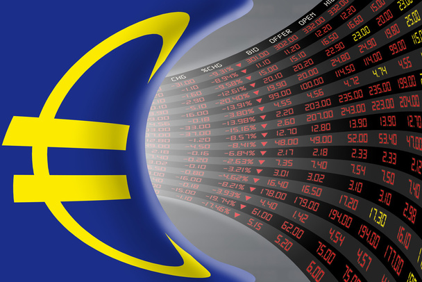 Az Európai Unió zászlaja a napi tőzsdei árfolyamokkal és árjegyzések nagy kijelzővel. - Fotó, kép