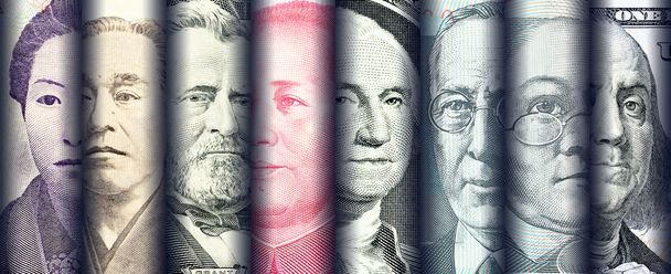 Portraits / images / visages du célèbre leader des billets de banque, monnaies des pays les plus dominants au monde
. - Photo, image