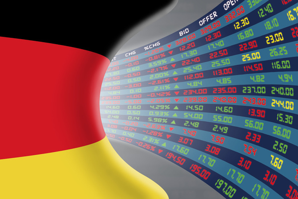 Nationalflagge Deutschlands mit einer großen Anzeige der täglichen Börsenkurse und Notierungen. - Foto, Bild