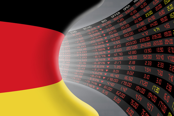 A nagy kijelző, napi tőzsdei árak és árfolyamok Németország nemzeti zászlaja. - Fotó, kép