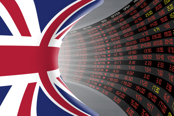 Flag of the United Kingdom with a large display of daily stock market price and quotations. - Photo, Image