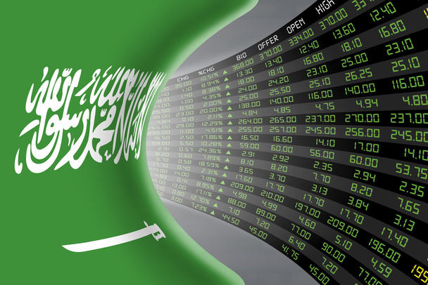 Nationalflagge Saudi Arabiens mit einer großen Anzeige der täglichen Börsenkurse und Notierungen. - Foto, Bild
