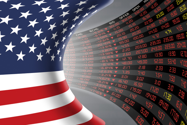 Bandera de los Estados Unidos de América con una gran pantalla de cotización y precio de mercado de valores diarios
. - Foto, Imagen