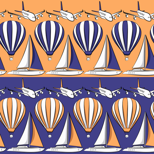Vector seamless pattern with boat, airplane and air balloon  - Vector, Image