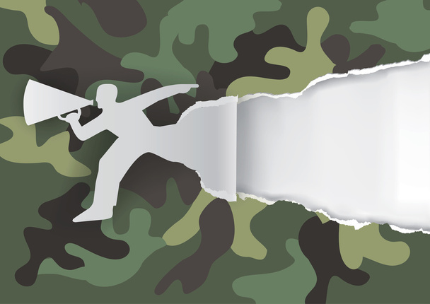 Man with megaphone camouflage background. - Vector, Image