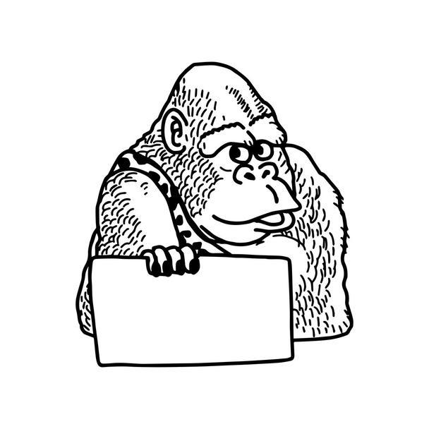 illustrazione vettore disegnato a mano scarabocchio di gorilla sorriso in possesso di foglio bianco di pape
 - Vettoriali, immagini