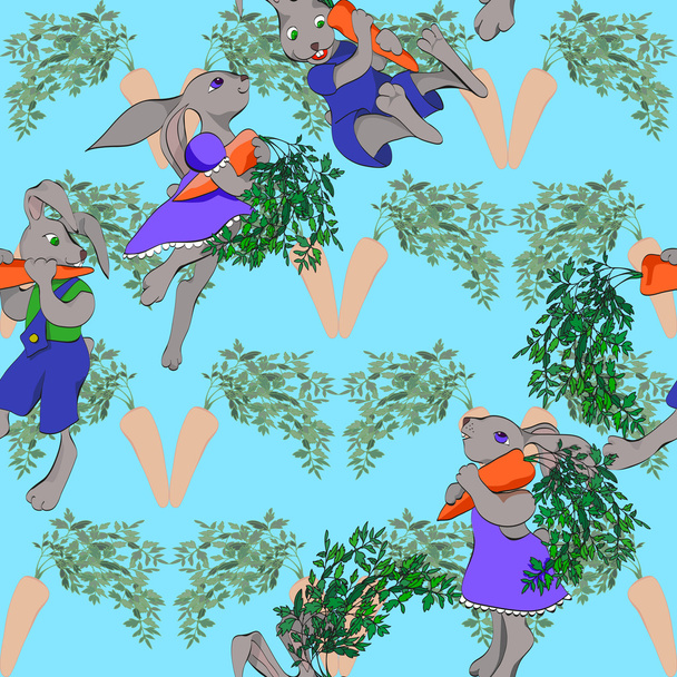 rabbits and carrots seamless background - Vector, Image