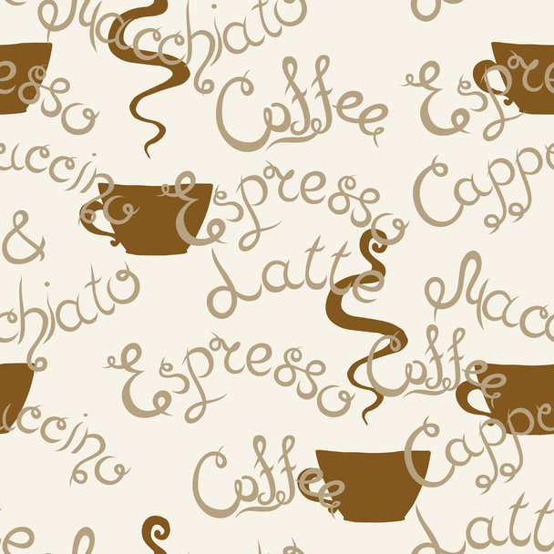 Káva bezešvé vzor. Písmem. Latte Macchiato, Espresso, Cappuccino. Šálek kávy. - Vektor, obrázek