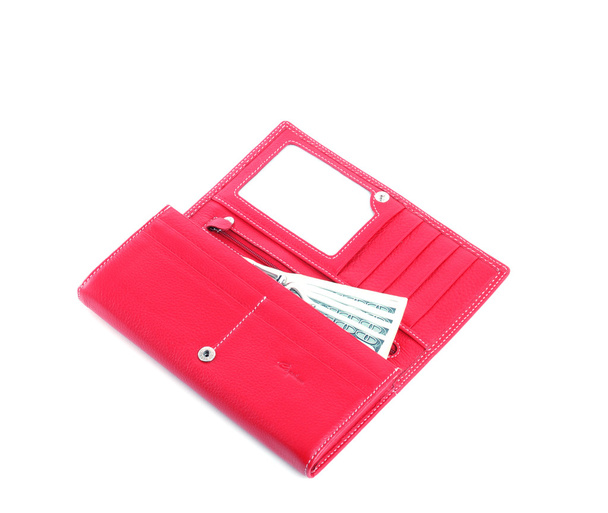 θηλυκή κόκκινο ανοικτό πορτοφόλι με χρήματα 3 - Φωτογραφία, εικόνα