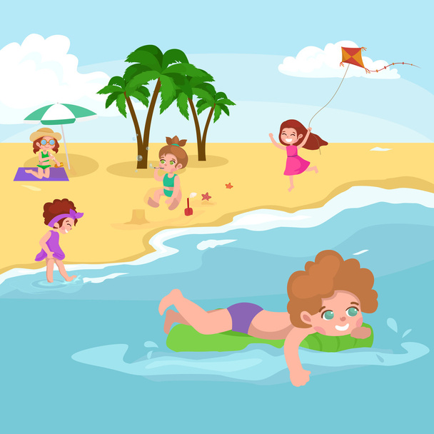 Fun at beach. Happy kids plaing sand around water - Διάνυσμα, εικόνα