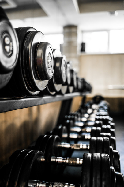 Sport Background. Rack of dumbbells in health club. Shelf with metal on gym studio room backdrop. - Foto, imagen