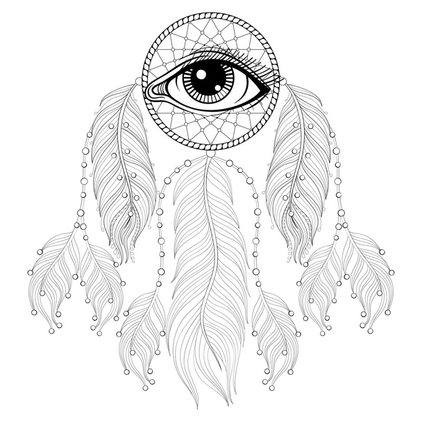 Atrapador de sueños bohemio zentangle dibujado a mano con ojo, Amer nativo
 - Vector, Imagen