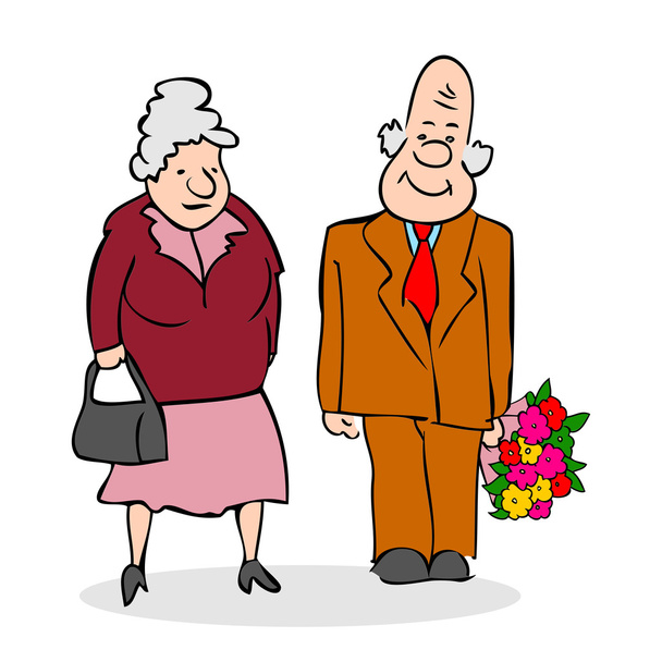 Gelukkig bejaarde echtpaar. Oude man met een boeket bloemen. Oudere mannen geeft boeket van oudere dame. Grappige oudere man en een vrouw. Feestelijk gekleed oude paar. Kleurrijke cartoon vectorillustratie op witte achtergrond - Vector, afbeelding