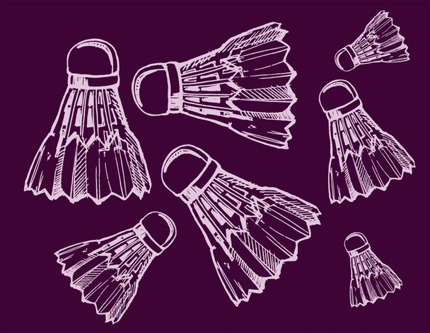 shuttlecocks in sketch style. Badminton shuttlecocks line icon, thin contour on colored background. - Vector, Image