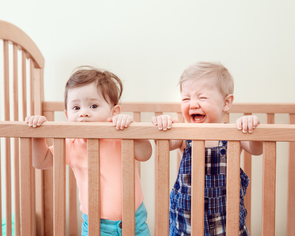 Portrait de deux adorables bébés drôles mignons frères et sœurs amis de neuf mois debout dans la crèche de lit mâchant manger sucer les côtés en bois pleurant, regardant à la caméra loin, style de vie quotidien doux moment franc
 - Photo, image