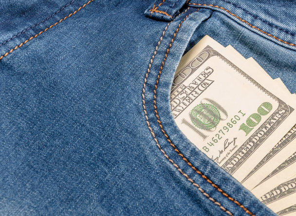 Amerykańskie banknoty dolarowe w dżinsach tle kieszeni - Zdjęcie, obraz