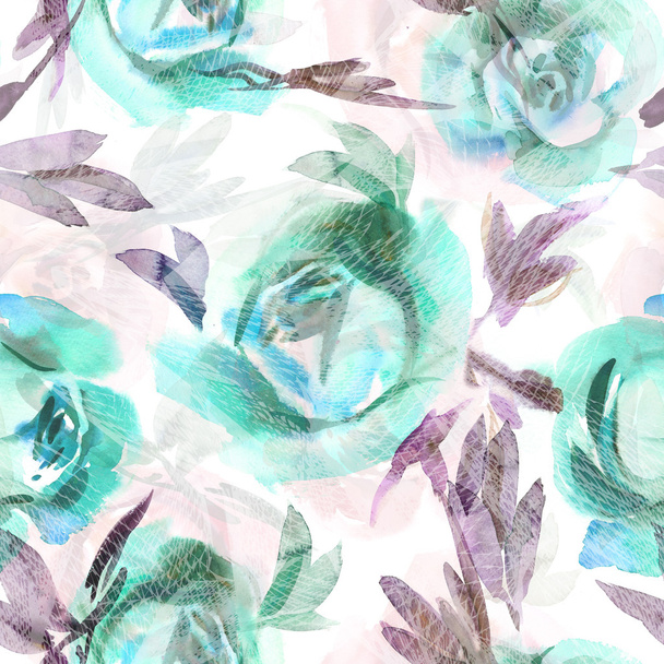Watercolor Roses Seamless Pattern - Φωτογραφία, εικόνα