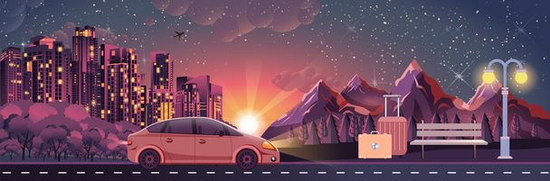 illustration of night landscape, mountains, sunset, travel, nature, car, city nightlife, bench, luggage, sports equipment for outdoor activities in flat style - Vector, Image