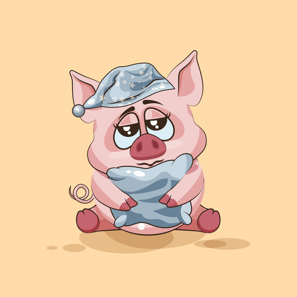 Emoji personaje aislado de dibujos animados soñoliento cerdo en gorra de noche con etiqueta engomada almohada emoticono
 - Vector, Imagen