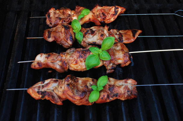 Chicken Teriyaki Kabobs Cooking on a Summer Grill with Fresh Basil - Photo, Image