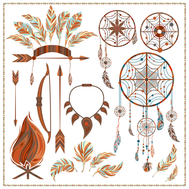 Set isolated ethnic elements arrows, feathers, beads, onions, fire, fang, necklace - Vettoriali, immagini