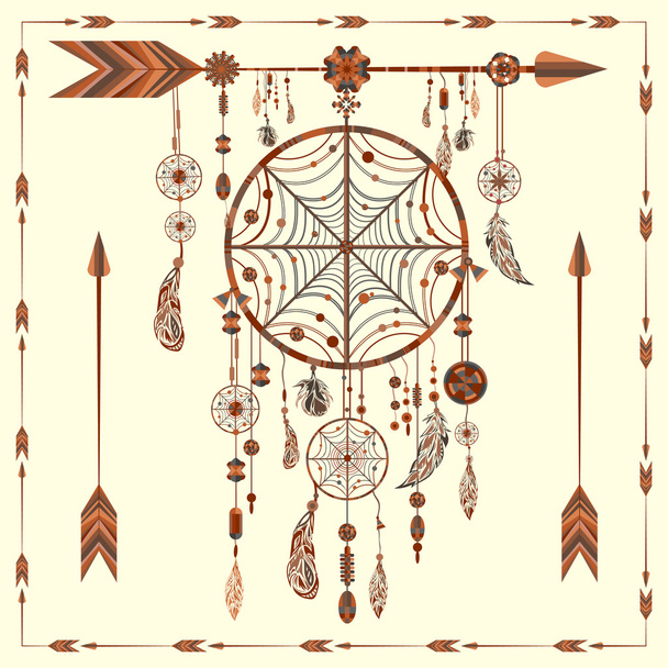 Dream Catcher arrows, beads, ethnic Indian, feathers, circles - Vector, imagen