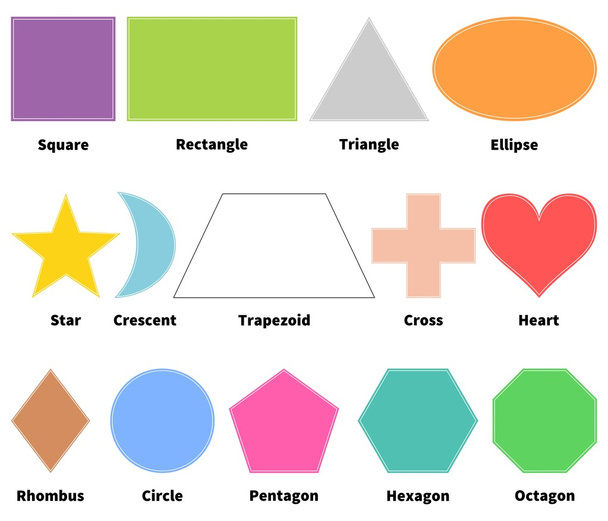 Základní tvary pro děti. Naučte se 2d tvarů. Izolovaný. Bílé pozadí - Vektor, obrázek