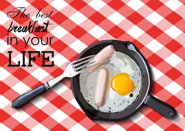 Sült tojás és a kolbászt a serpenyőbe, élelmiszer-összetevők, vektoros illusztráció - Vektor, kép