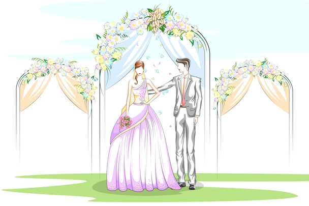 結婚式での美しいカップル - ベクター画像