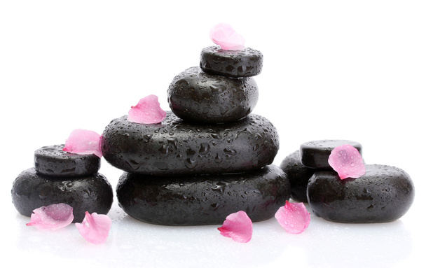 Spa stones with drops and pink petals isolated on white - Fotografie, Obrázek