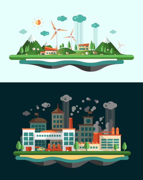 Wasted and green landscapes - ecological banners set - Vector, imagen