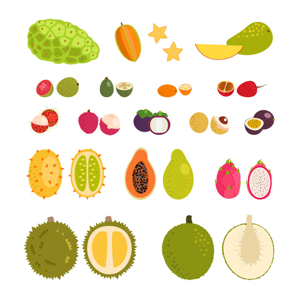 Σύνολο επίπεδη κινούμενα σχέδια διανυσματικά εικονογράφηση εξωτικά τροπικά φρούτα - Διάνυσμα, εικόνα