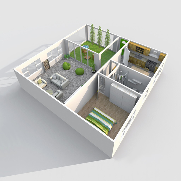 3D εσωτερικό καθιστώντας πλάγια θέα επιπλωμένα άστεγο σπίτι διαμέρισμα με πράσινο αίθριο - Φωτογραφία, εικόνα