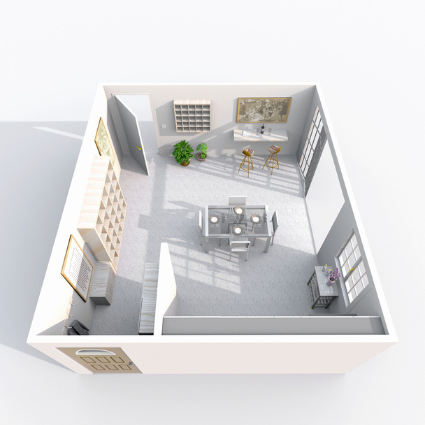 vykreslování 3D interiéru místnosti zařízené kuchyně - Fotografie, Obrázek