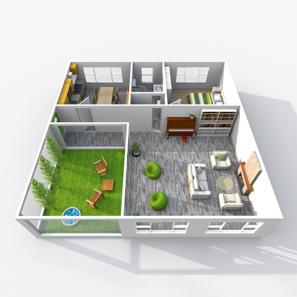 απόδοσης 3D εσωτερικό του επιπλωμένο άστεγο σπίτι διαμέρισμα με πράσινο αίθριο - Φωτογραφία, εικόνα