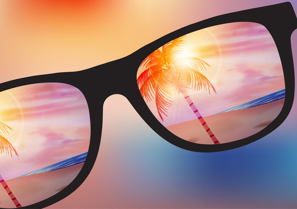 Summer Beach Sunset Design with Sunglasses on Blurred Background - Vector Illustration - Vetor, Imagem