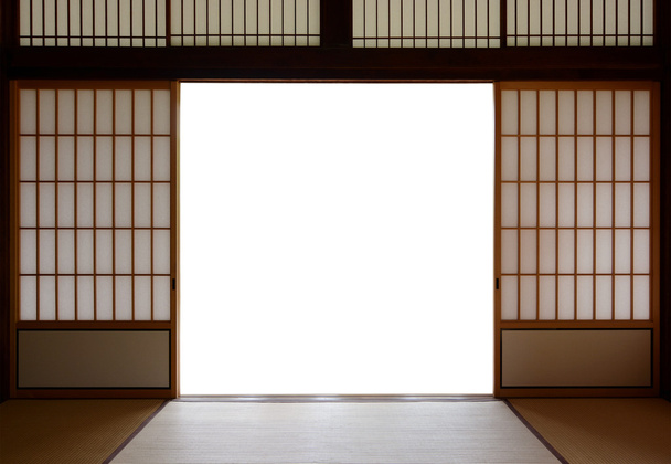 Tradiční japonské dveře dřevo a rýžový papír a tatami rohož podlahy - Fotografie, Obrázek
