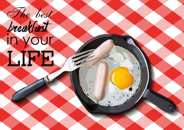Fried eggs and sausage on pan, food ingredients, vector illustration - Vector, Image