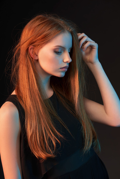 Fashion portrait of beautiful red haired girl - Фото, зображення