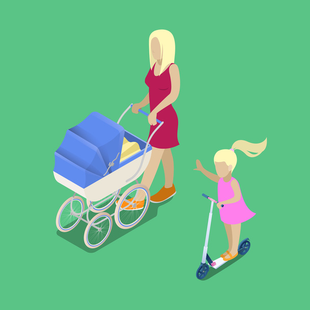 Isometrische Menschen. junge Mutter mit Kinderwagen. Mädchen auf dem Roller. isometrische Familie. Vektorillustration - Vektor, Bild
