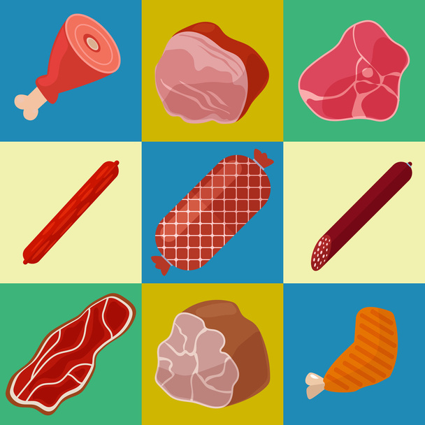 Σετ εικονιδίων κρέατος. Τα εικονίδια του κρεοπωλείο. Προϊόντα κρέατος. Απεικόνιση διανυσματικών φορέων - Διάνυσμα, εικόνα