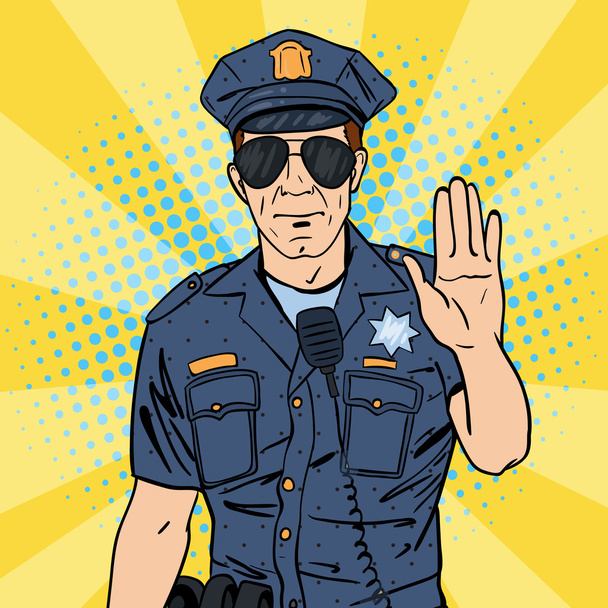 Cooler Polizist. seriöser Polizeibeamter. Pop-Art. Vektorillustration - Vektor, Bild