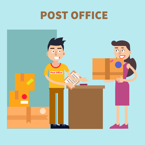 Post Office. Kobieta wysyłanie paczek. Usługi pocztowe. Ilustracja wektorowa - Wektor, obraz