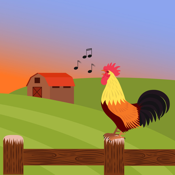 Hahn kräht im Morgengrauen auf einem Bauernhof, der auf einem Zaun steht - Vektor, Bild