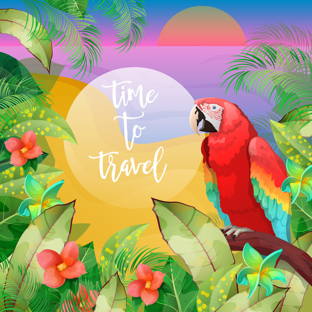 Banner de vacaciones tropicales. Isla Exótica. Vacaciones en la playa. Loro exótico. Ilustración vectorial
 - Vector, imagen